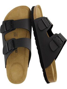 Men's All Black Lane Cork Footbed Sandals Adjustable Buckle Comfort Slides
